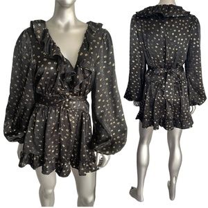 AEOM Black with Gold Long Sleeve Wrap Top Blouse